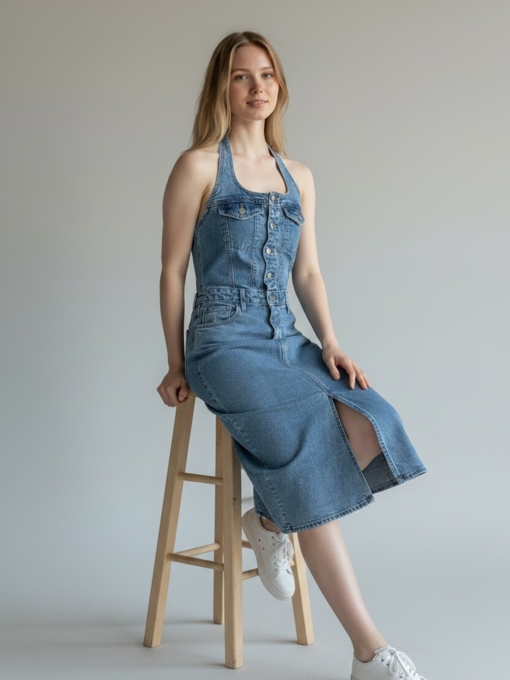 Universal Thread Denim Halter Midi Dress 90s Y2K Button Front Slit Pockets Sz 6